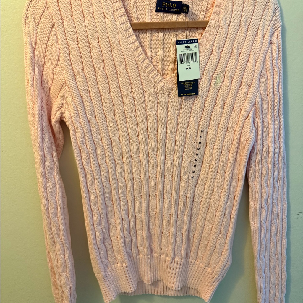 Ralph Lauren Light Pink V-Neck Cable Sweater Nwt